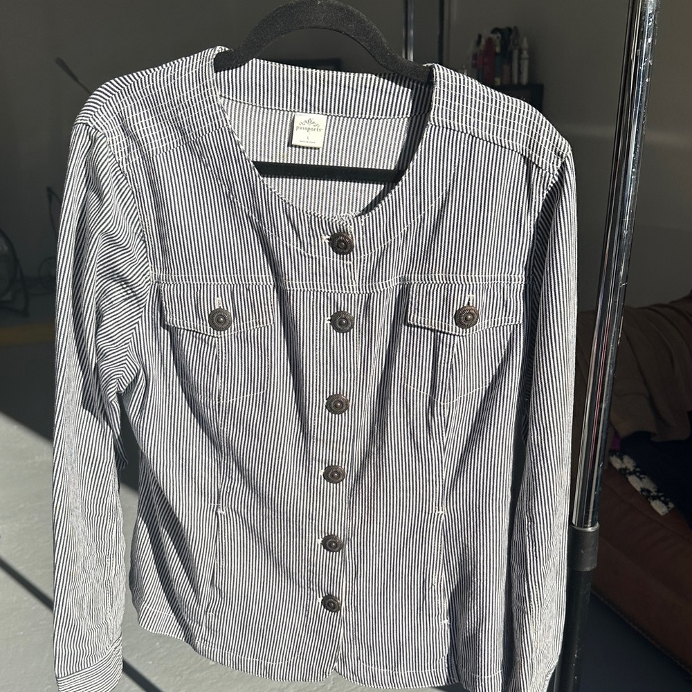 Passport Black and White Striped Jean Jacket